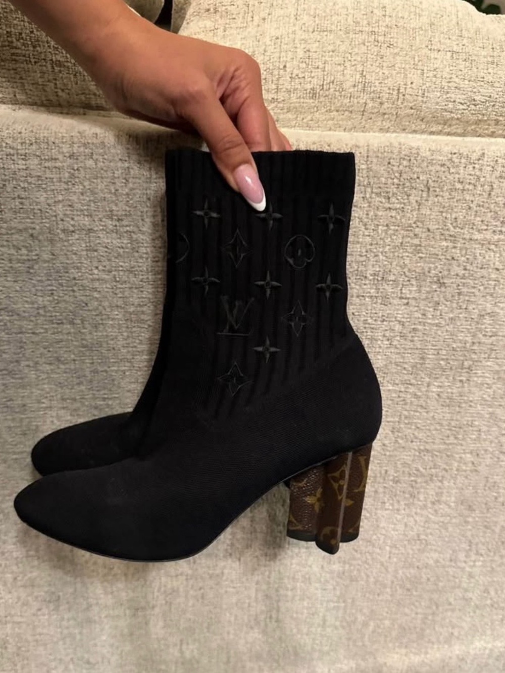 Louis Vuitton Black Knit Sock Boot with Monogram Block Heel